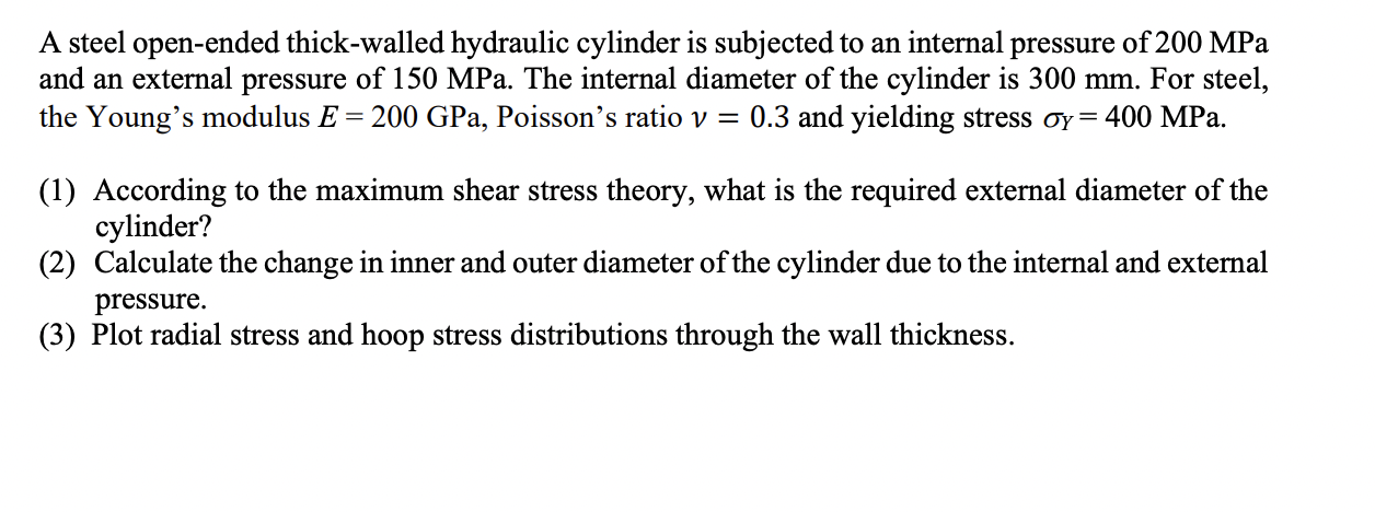 A Steel Open Ended Thick Walled Hydraulic Cylinder Is Subjected To An Internal Pressure Of 200 Mpa And An External Press 1